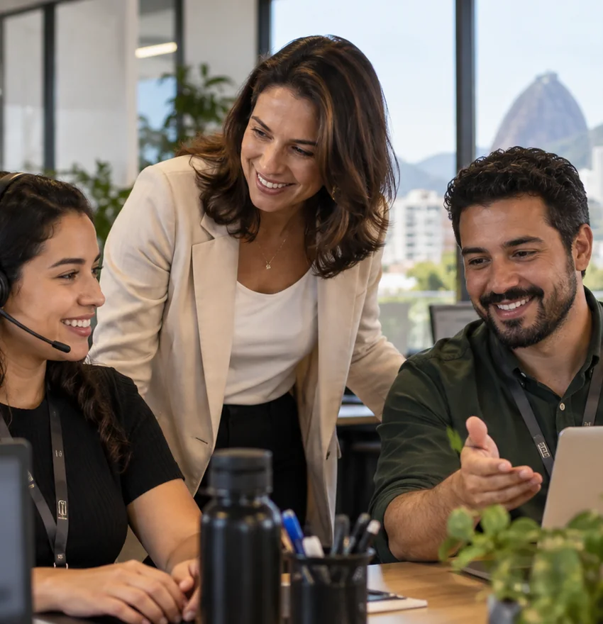 Equipe de atendimento compartilhando informações no computador
