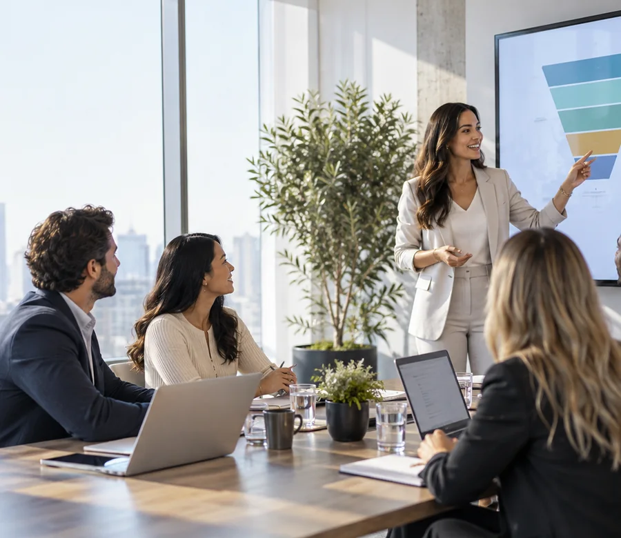 Equipe comercial reunida para acompanhar o trabalho de vendas
