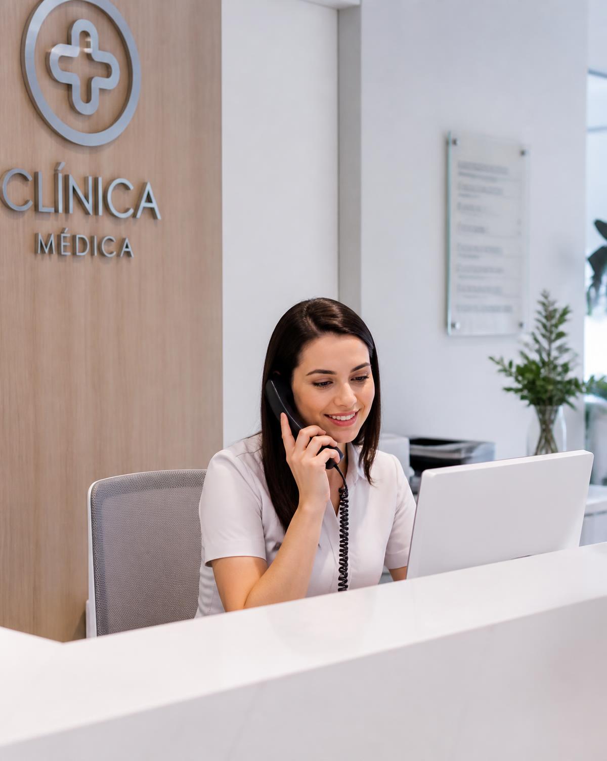 Recepcionista de clínica médica atendendo no balcão