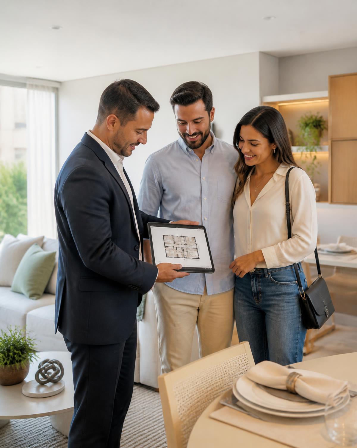 Corretor apresentando plantas para um casal no apartamento decorado